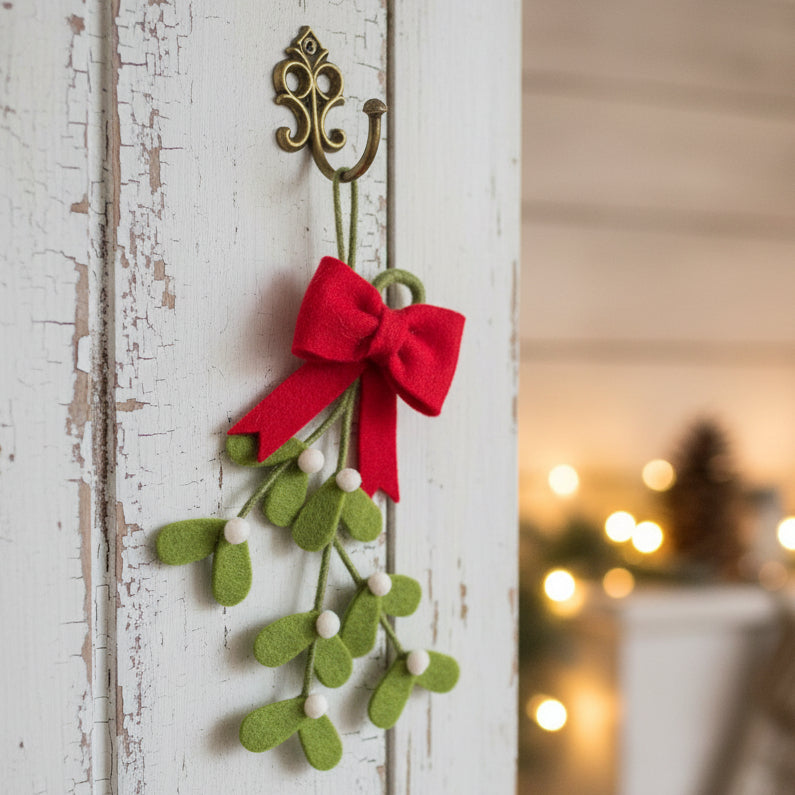 Felt Hand Made Mistletoe Christmas Hanger with Red Bow