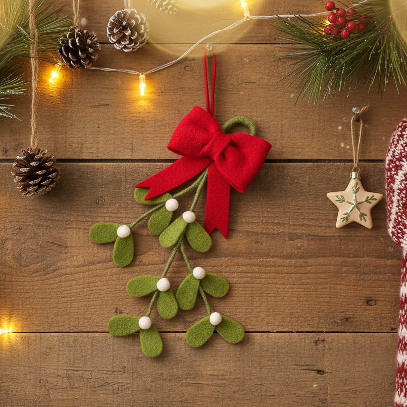 Felt Hand Made Mistletoe Christmas Hanger with Red Bow