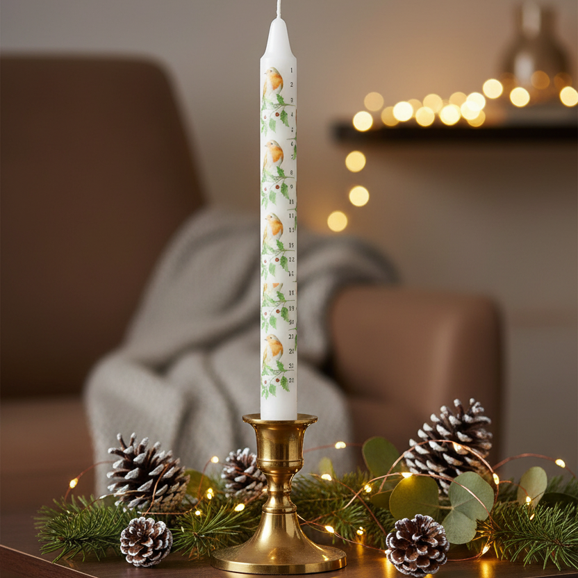Robin and Holly Advent Taper Christmas Candle