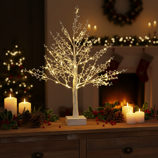 60cm White Mini Berry Christmas Twig Tree with Warm White Lights