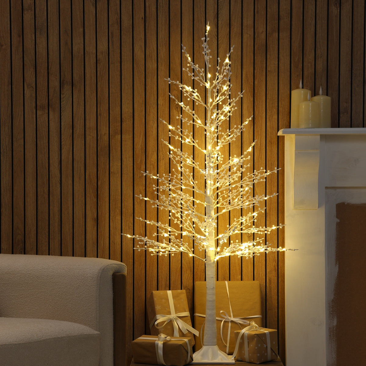 1.2M White Mini Berry Christmas Twig Tree with Warm White Lights