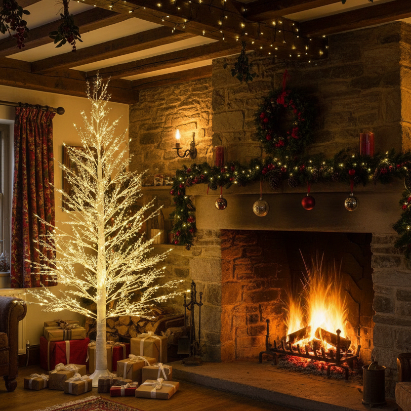 1.8M White Mini Berry Christmas Twig Tree with Warm White Lights