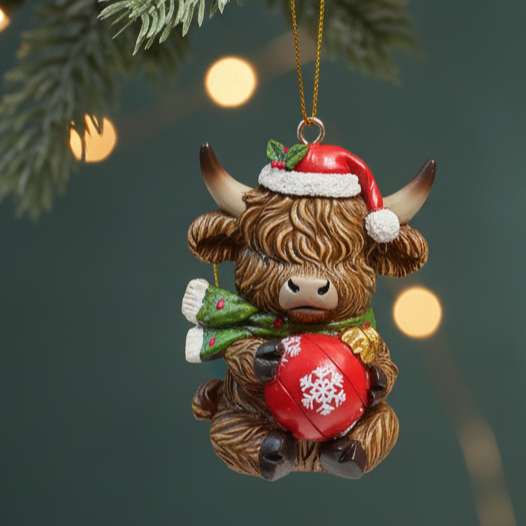 Christmas Highland Cow with Santa Hat Hanging Decoration