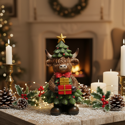 Resin Christmas Tree Highland Cow Ornament with Presents