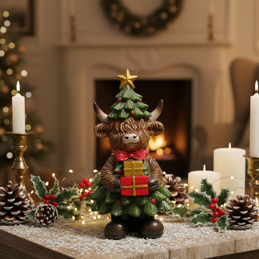 Resin Christmas Tree Highland Cow Ornament with Presents