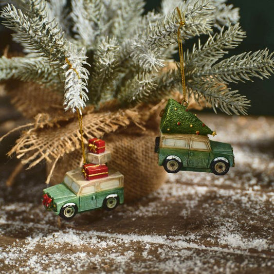 Hanging Land Rover with Tree or Presents Christmas Tree Decorations