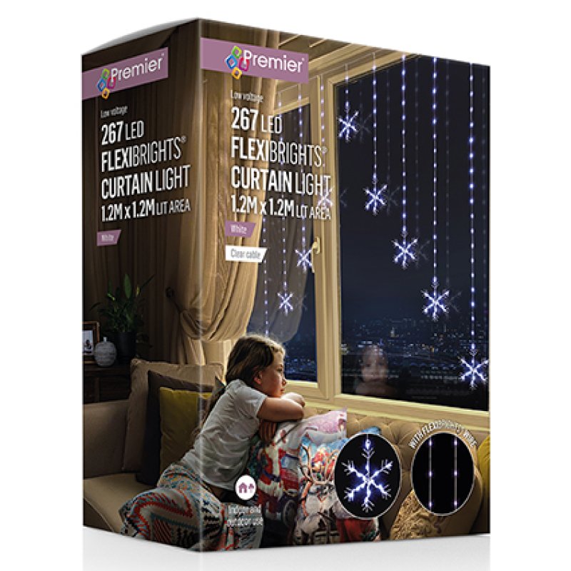 1.2 x 1.2m White LED Flexibright Snowflake Christmas V Curtain Lights