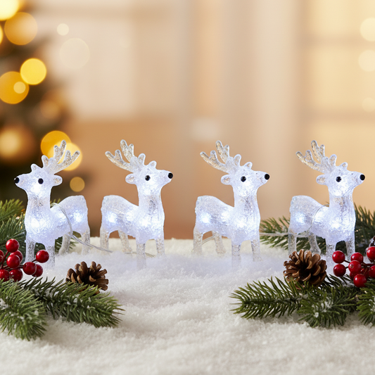 Set of 4 White LED Acrylic Reindeer Christmas Lights