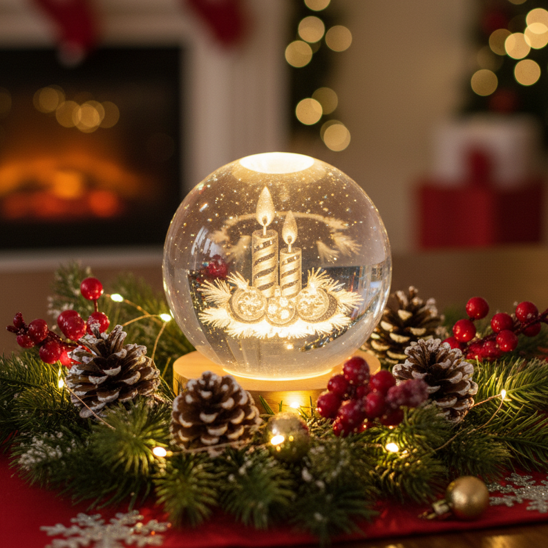 3D Lit Etched 8cm Glass Ball Christmas Decoration