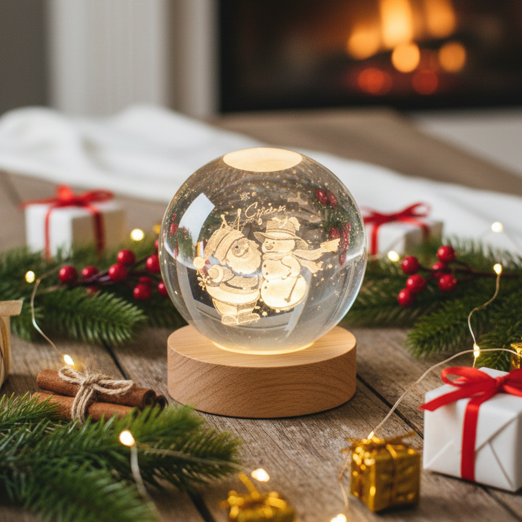 3D Lit Etched 8cm Glass Ball Christmas Decoration