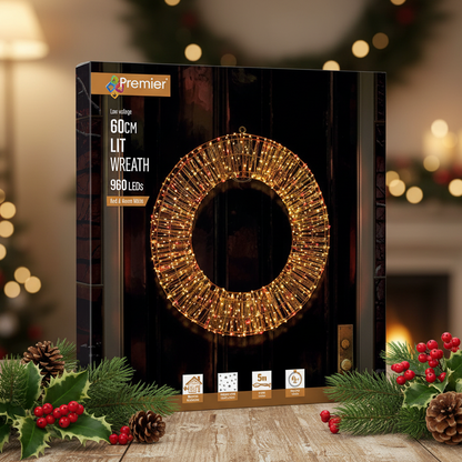 Rose Gold Wreath with Red and Warm White Twinkling LEDs
