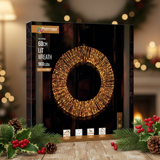 Rose Gold Wreath with Red and Warm White Twinkling LEDs