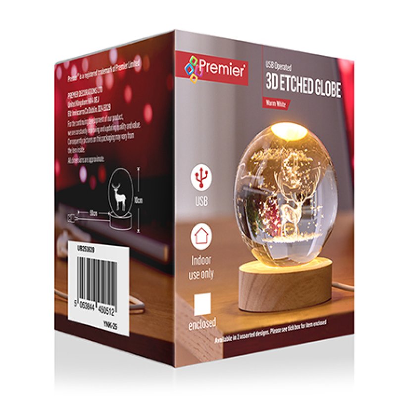 8cm 3D Lit Etched Glass Ball Christmas Decoration