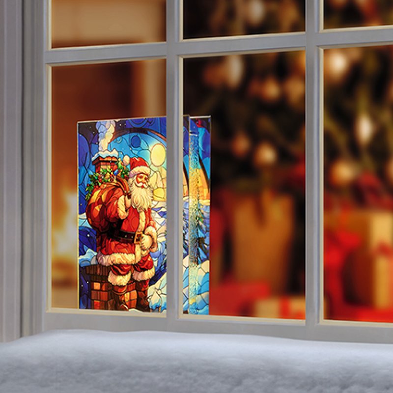 Santa on Chimney Lit Stained Glass Christmas Decoration
