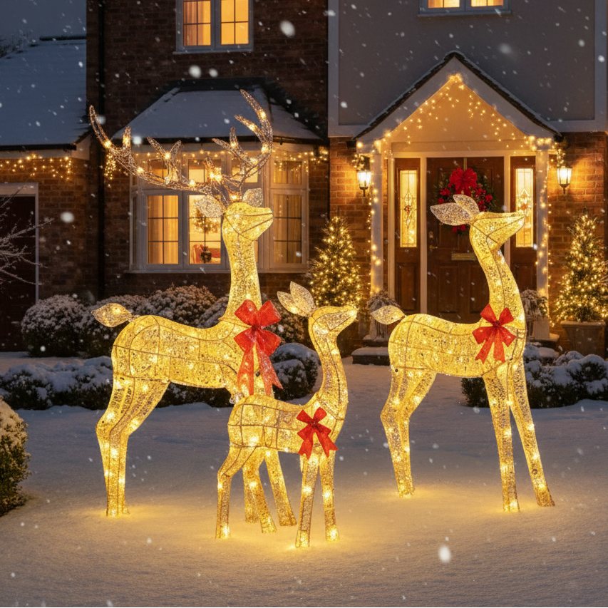 Gold Glitter Fabric LED Christmas Reindeer Family Set of 3