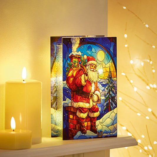 Santa on Chimney Lit Stained Glass Christmas Decoration