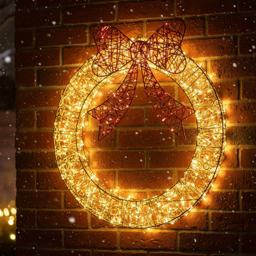 70cm Golden Elegance Twist LED Christmas Wreath with Red Bow
