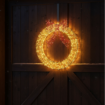 70cm Golden Elegance Twist LED Christmas Wreath with Red Bow