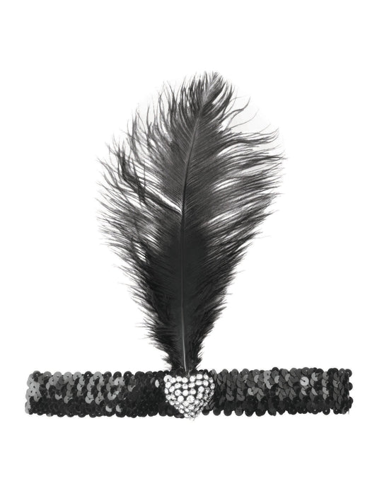 Black Flapper Headband With Crystal Heart Costume Accessory
