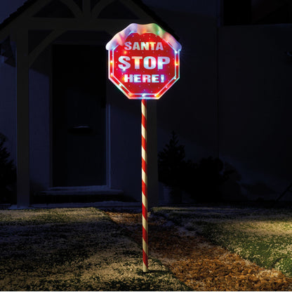 1m Santa Stop Here Sign Garden Path Stake Light with 30 Multi Coloured LEDs
