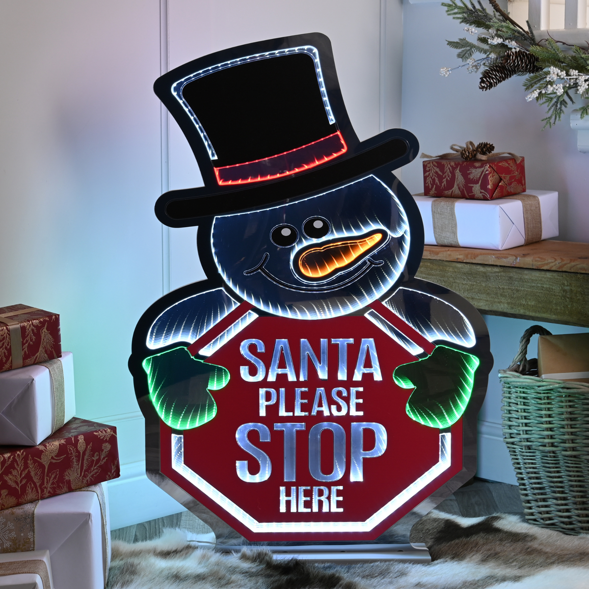 90cm Snowman with Santa Please Stop Here Christmas Infinity Light