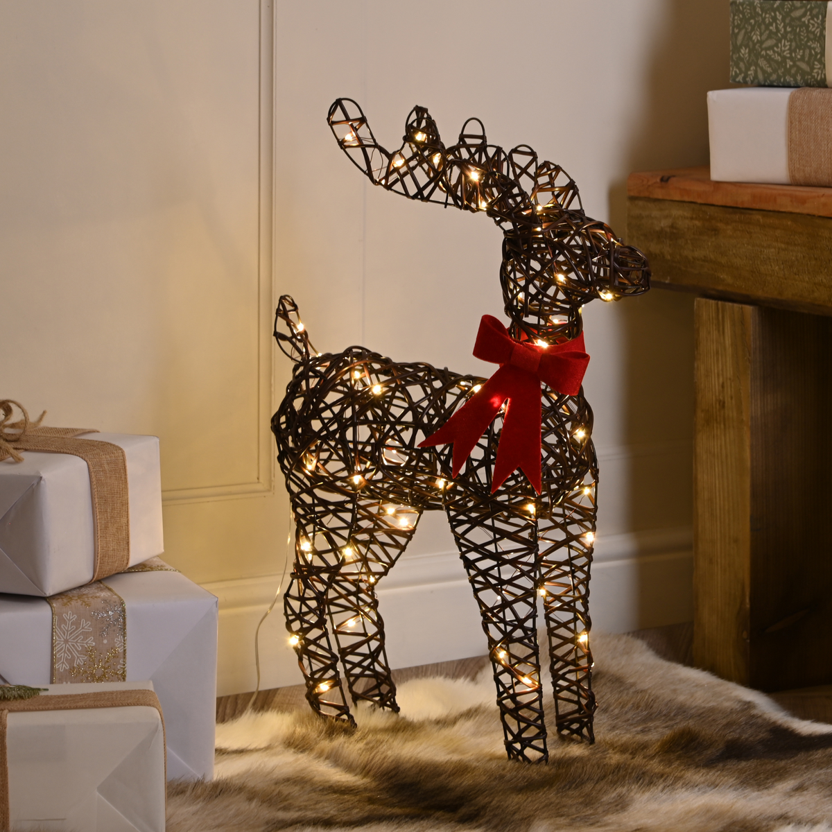 60cm Reindeer with Red Bow Christmas Silhouette with 60 Warm White Micro LEDs