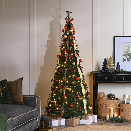 5ft Green Pop Up Christmas Tree with Red Gold Decorations and 130 Warm White LEDs
