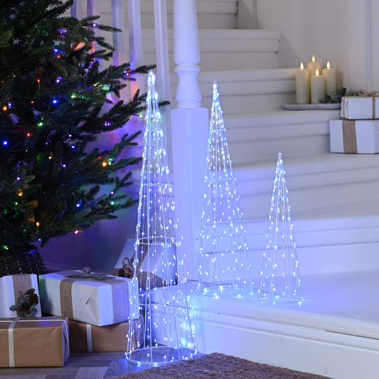 Set of 3 Multi Action Dewdrop Christmas Cones with Blue and White LEDs