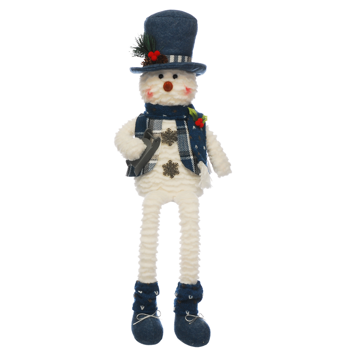 60cm Plush Sitting Snowman with Dangly Legs Wearing a Blue Hat and Scarf