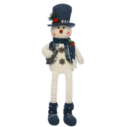 60cm Plush Sitting Snowman with Dangly Legs Wearing a Blue Hat and Scarf