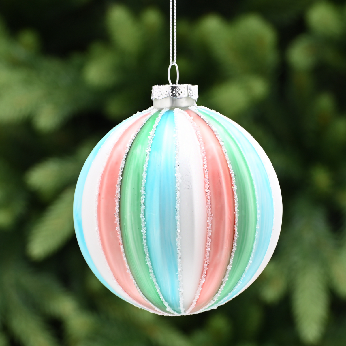 10cm Segment Glass Bauble in Pink Blue Silver and Green