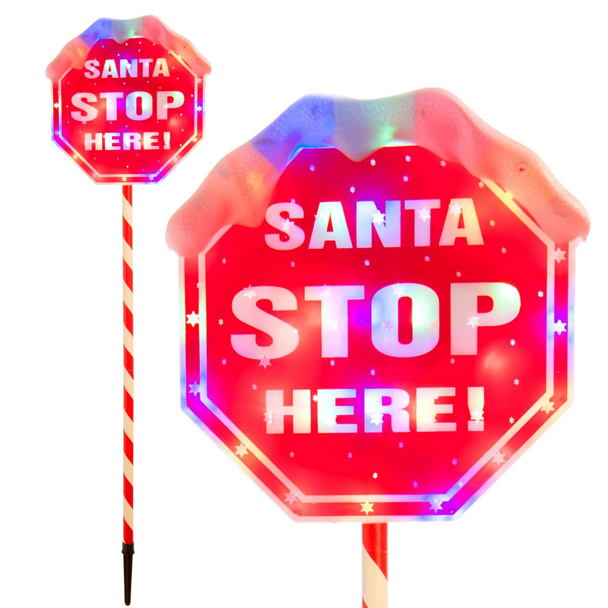 1m Santa Stop Here Sign Garden Path Stake Light with 30 Multi Coloured LEDs