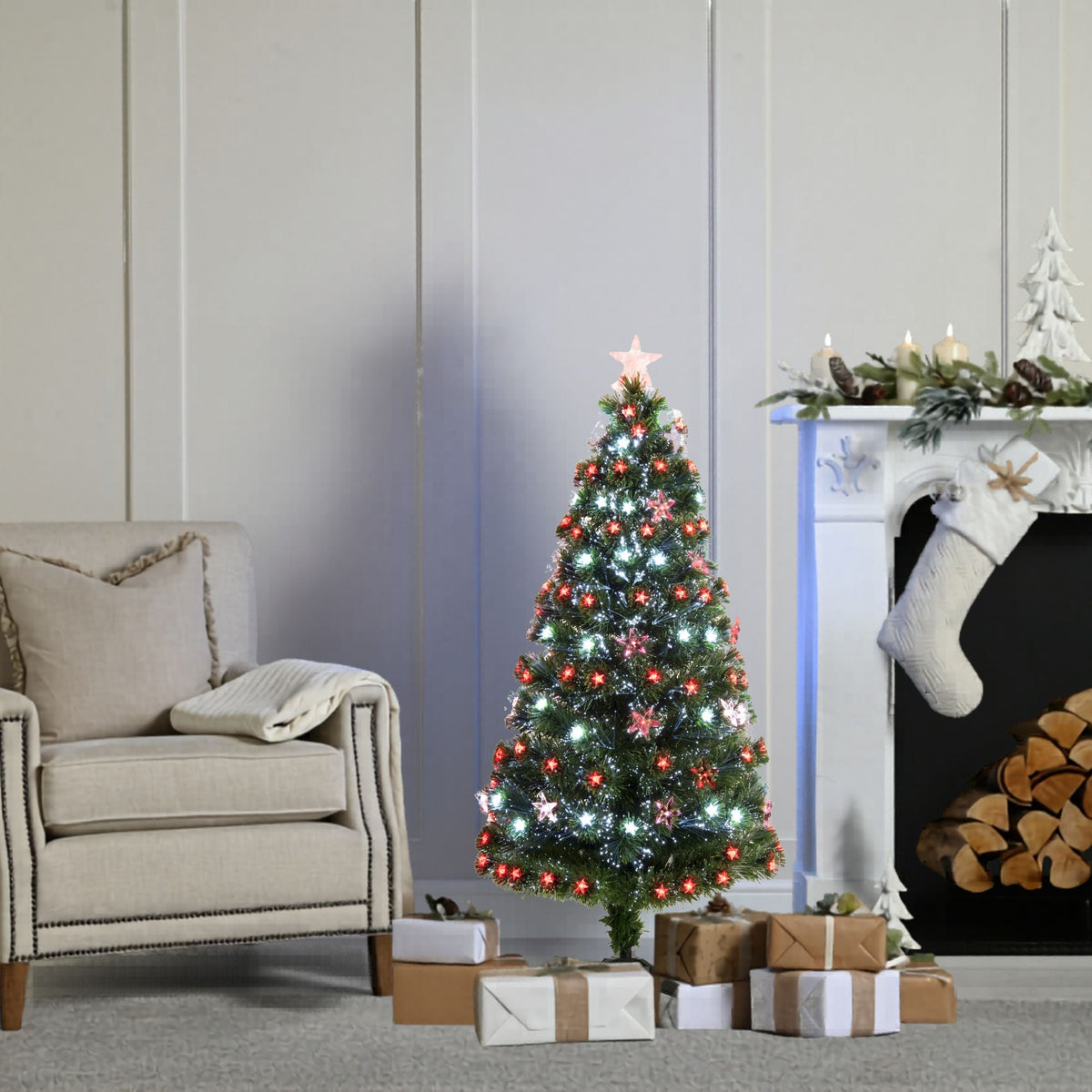 4ft Green Fibre Optic Christmas Tree with Red and White LEDs
