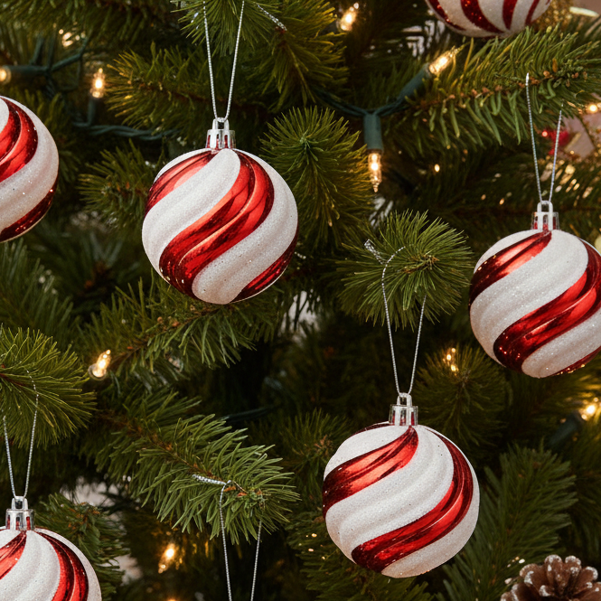 Set of 4 Red and White Candy Cane Christmas Baubles 8cm