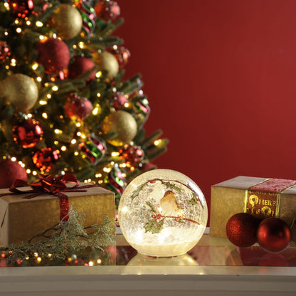 15cm Christmas Robin With Berries Design Crackle Effect Glass Ball Battery Operated