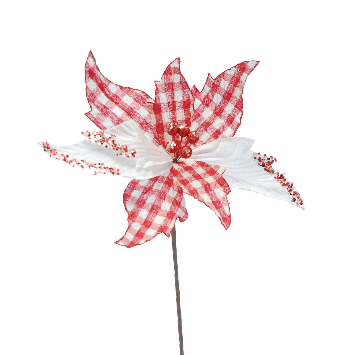 Red and White Checked Christmas Poinsettia Stem 67cm