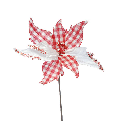 Red and White Checked Christmas Poinsettia Stem 67cm