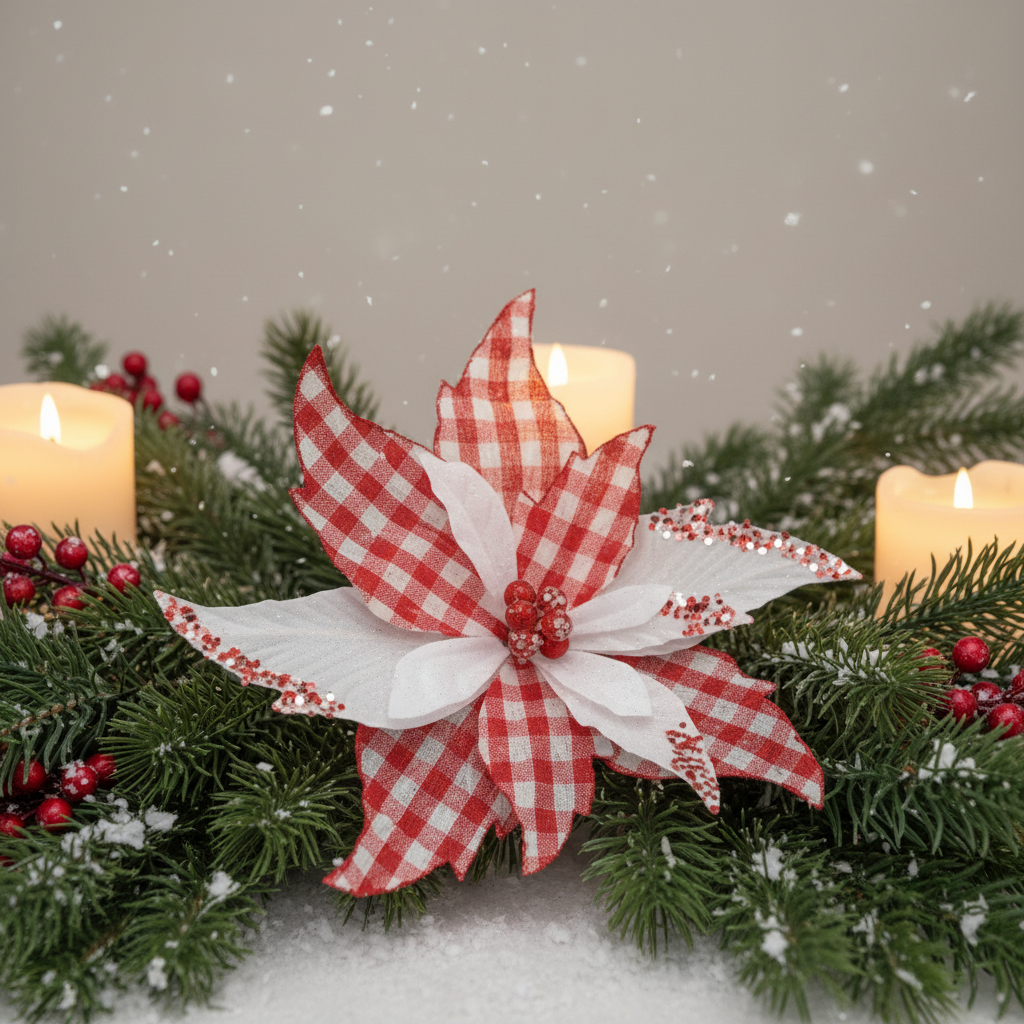 Red and White Checked Christmas Poinsettia Stem 67cm