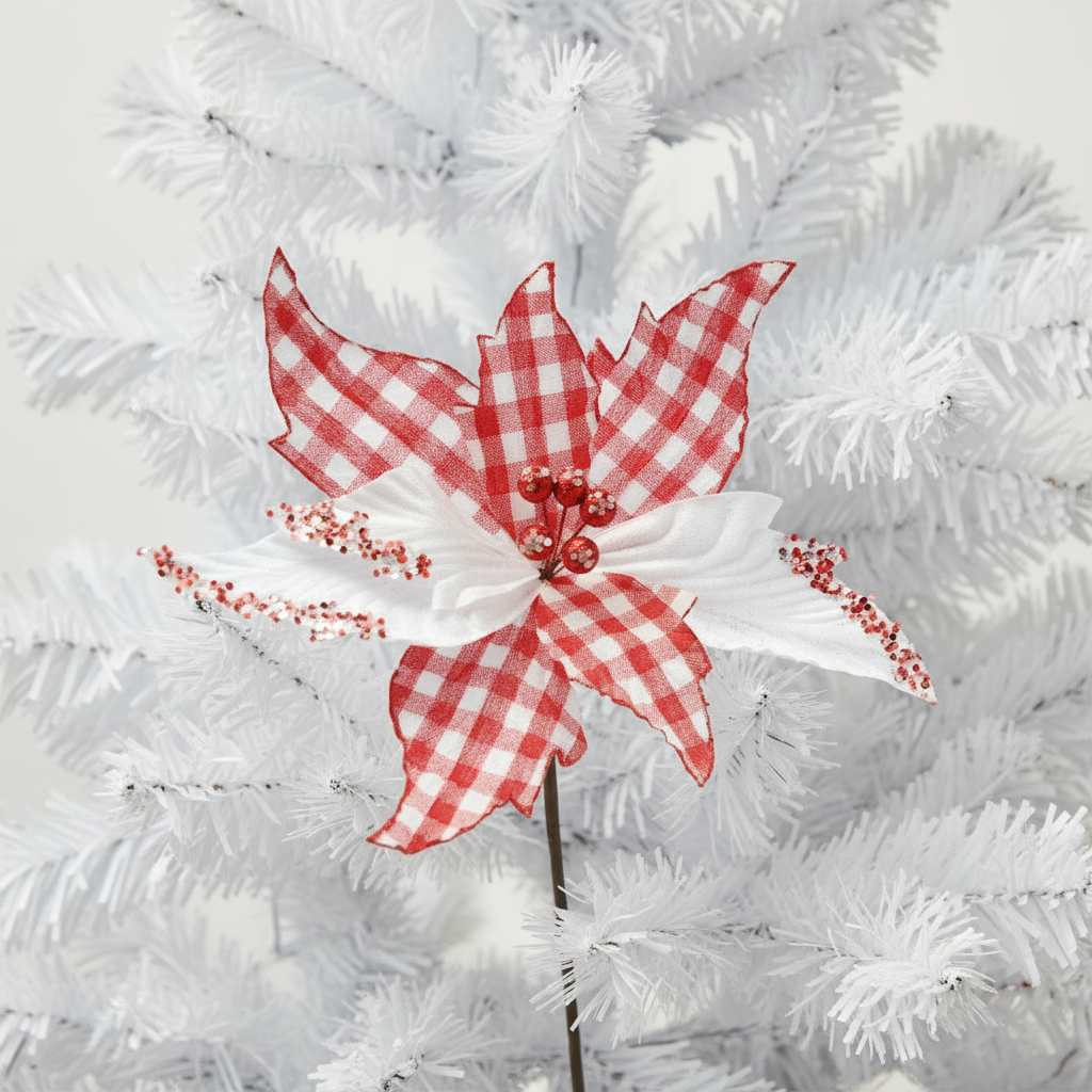 Red and White Checked Christmas Poinsettia Stem 67cm