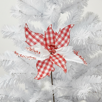 Red and White Checked Christmas Poinsettia Stem 67cm