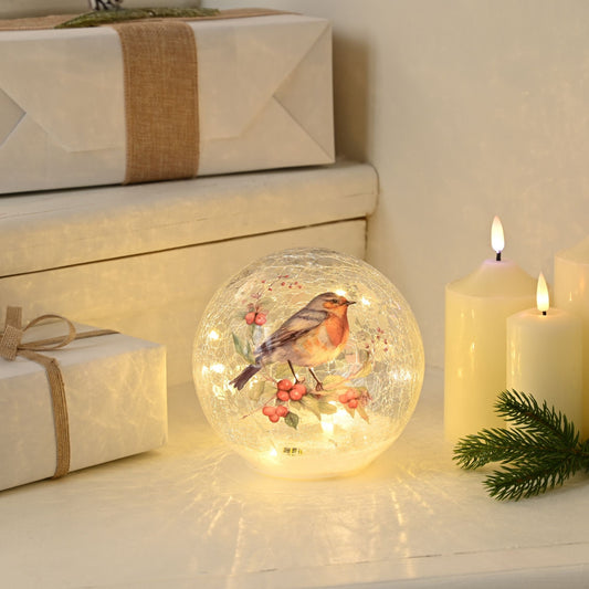 15cm Christmas Robin with Holly Clear Crackle Effect Glass Ball Battery Operated