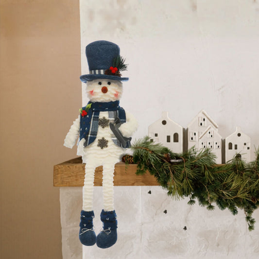 60cm Plush Sitting Snowman with Dangly Legs Wearing a Blue Hat and Scarf