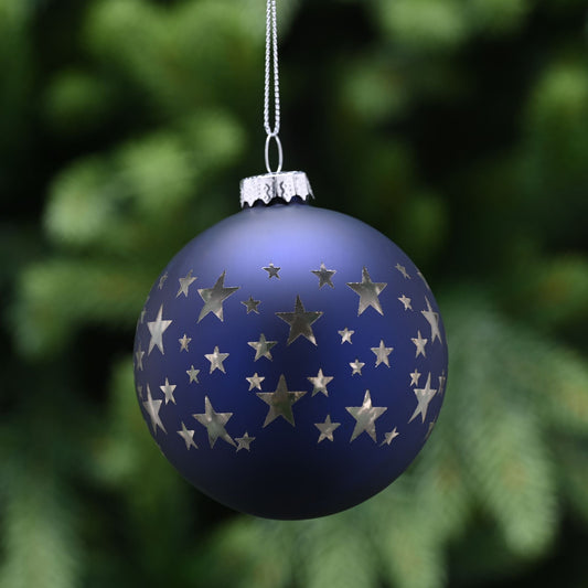 8cm Matt Midnight Blue with Silver Stars Glass Christmas Bauble