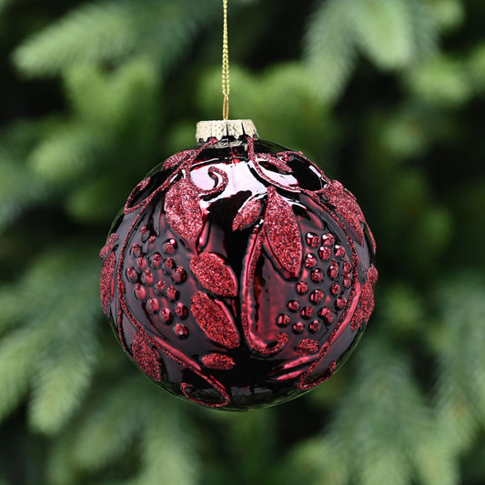 10cm Burgundy Bauble with Glitter Leaves and Grapes Glass Christmas Tree Decoration