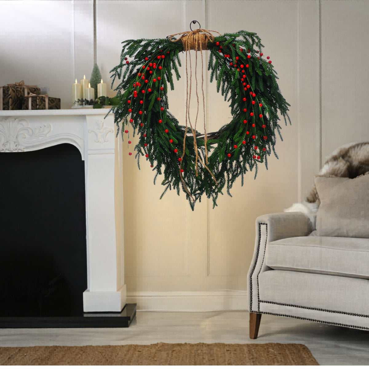 61cm Red Berries Green Spruce Heart Shaped Christmas Wreath