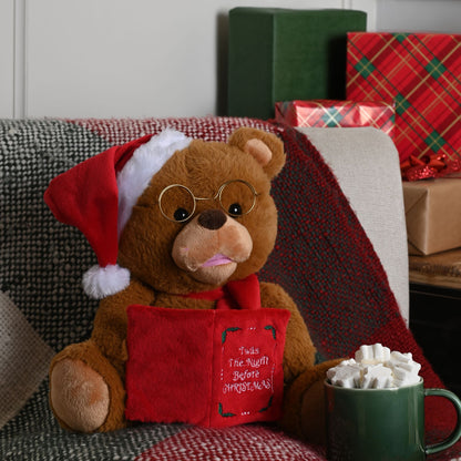 26cm Battery Operated Animated Storytelling Christmas Bear with Book and Santa Hat