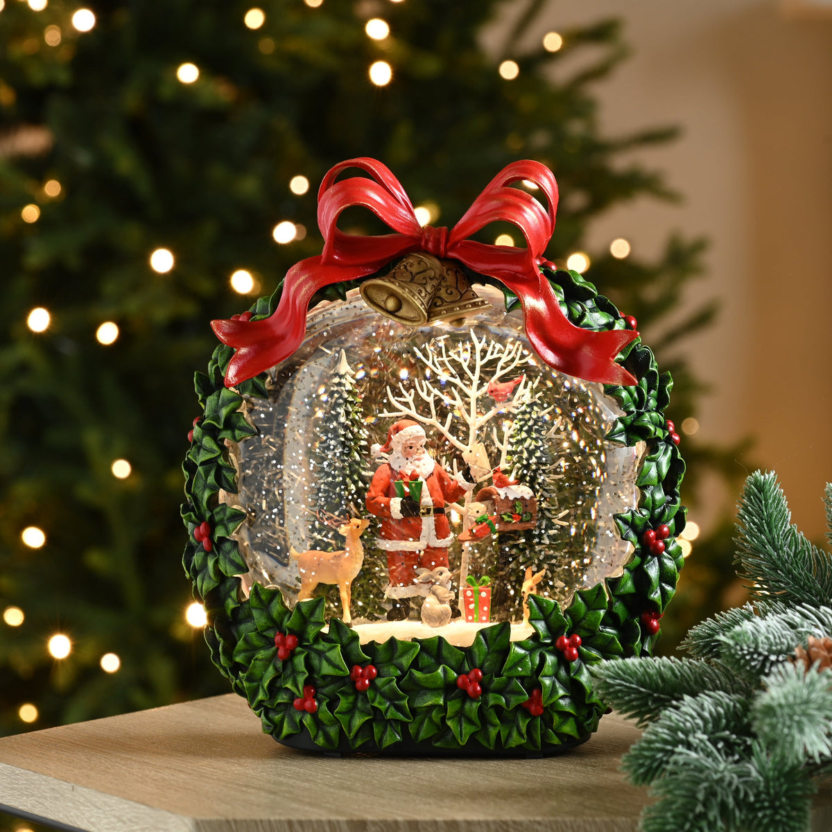 Christmas Holly Wreath Water Lantern with Santa Scene