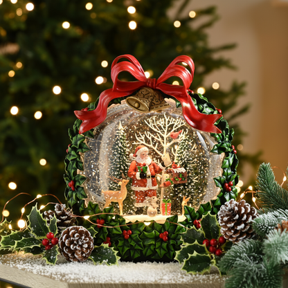 Christmas Holly Wreath Water Lantern with Santa Scene