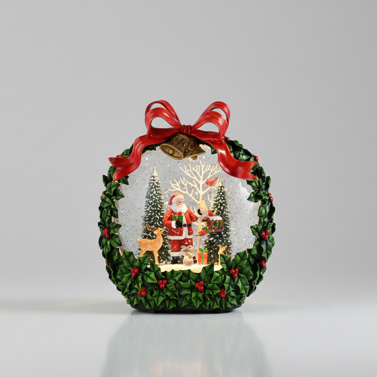 Christmas Holly Wreath Water Lantern with Santa Scene