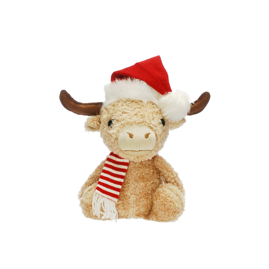 35cm Plush Sitting Highland Cow in Santa Hat and Scarf
